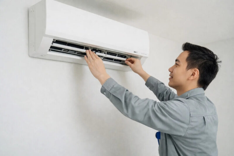 Thợ kỹ thuật đang kiểm tra máy điều hòa ở Quận 10 TP.HCM